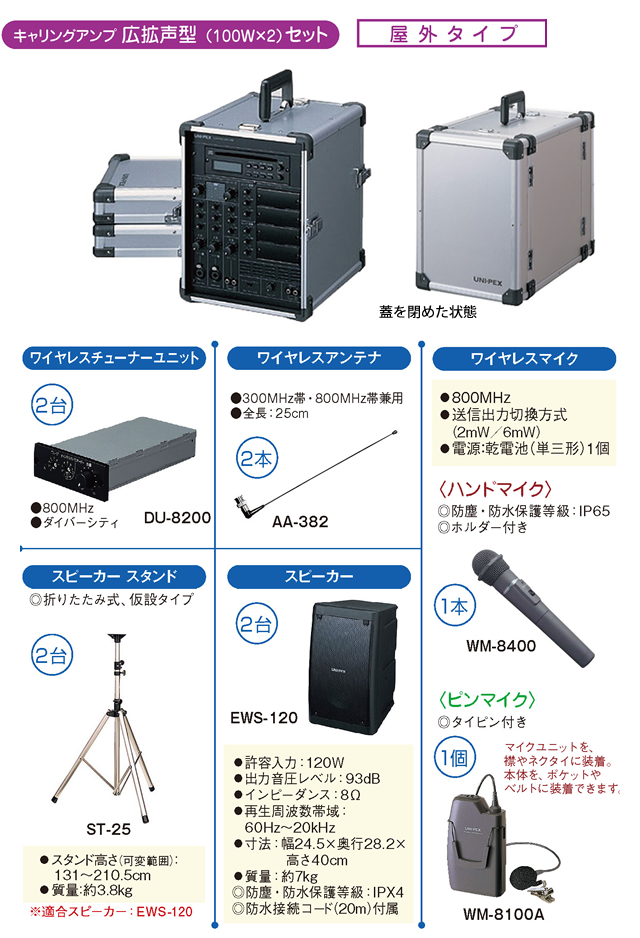 キャリングアンプ 広拡声型 (100W×2)セット 合計11点 屋外タイプ